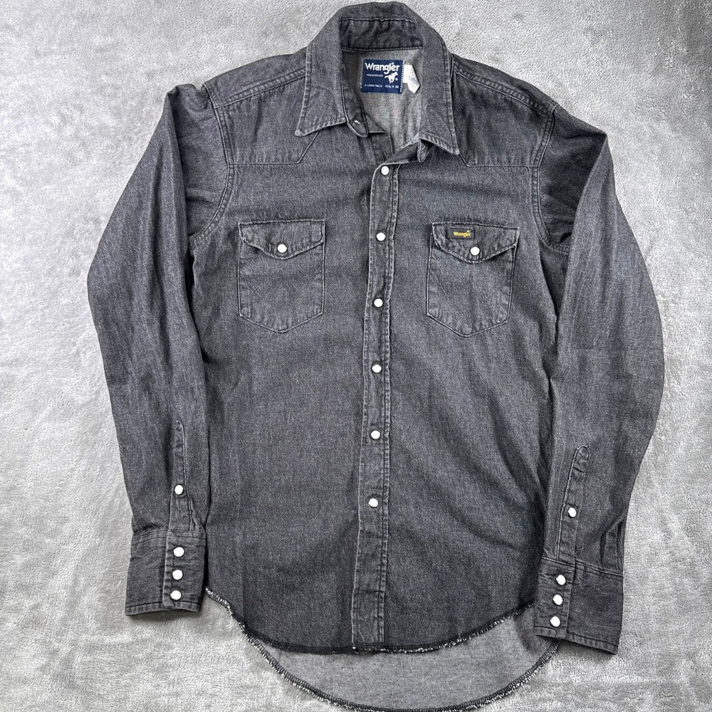 Vintage Wrangler Shirt Mens XL 15.5 Black Denim Pearl Snap Long Sleeve USA